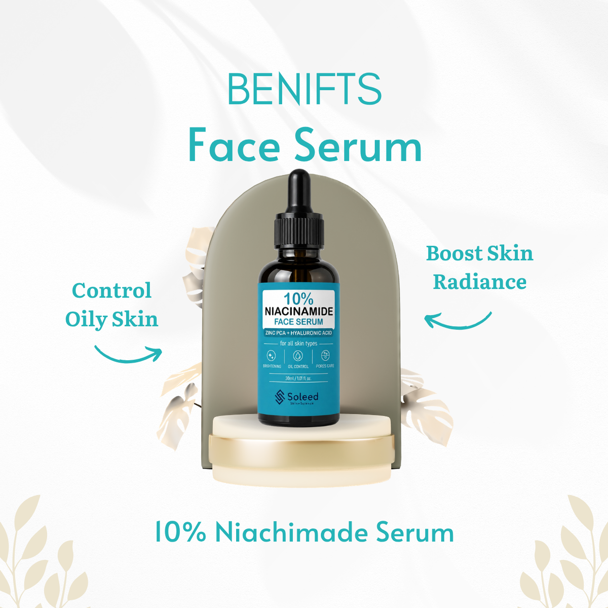 Soleed 10% Niacinamide Face Serum with Zinc PCA & Hyaluronic Acid – Brightening, Oil Control & Pore Care – 30ml