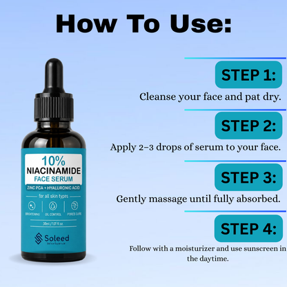 Soleed 10% Niacinamide Face Serum with Zinc PCA & Hyaluronic Acid – Brightening, Oil Control & Pore Care – 30ml