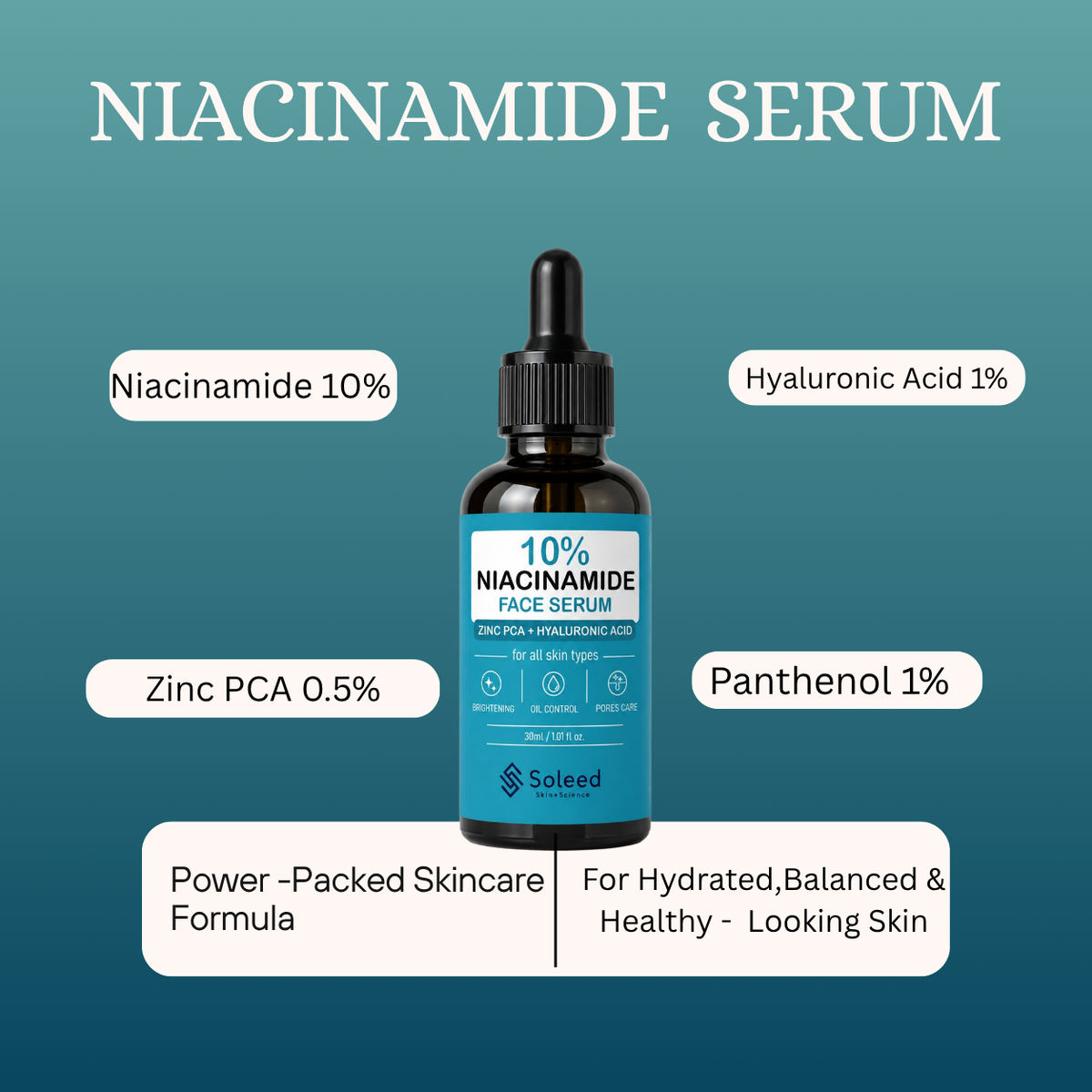 Soleed 10% Niacinamide Face Serum with Zinc PCA & Hyaluronic Acid – Brightening, Oil Control & Pore Care – 30ml