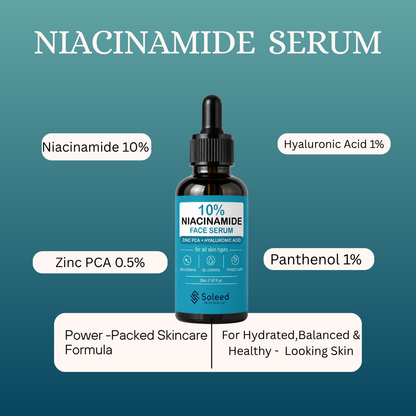Soleed 10% Niacinamide Face Serum with Zinc PCA & Hyaluronic Acid – Brightening, Oil Control & Pore Care – 30ml