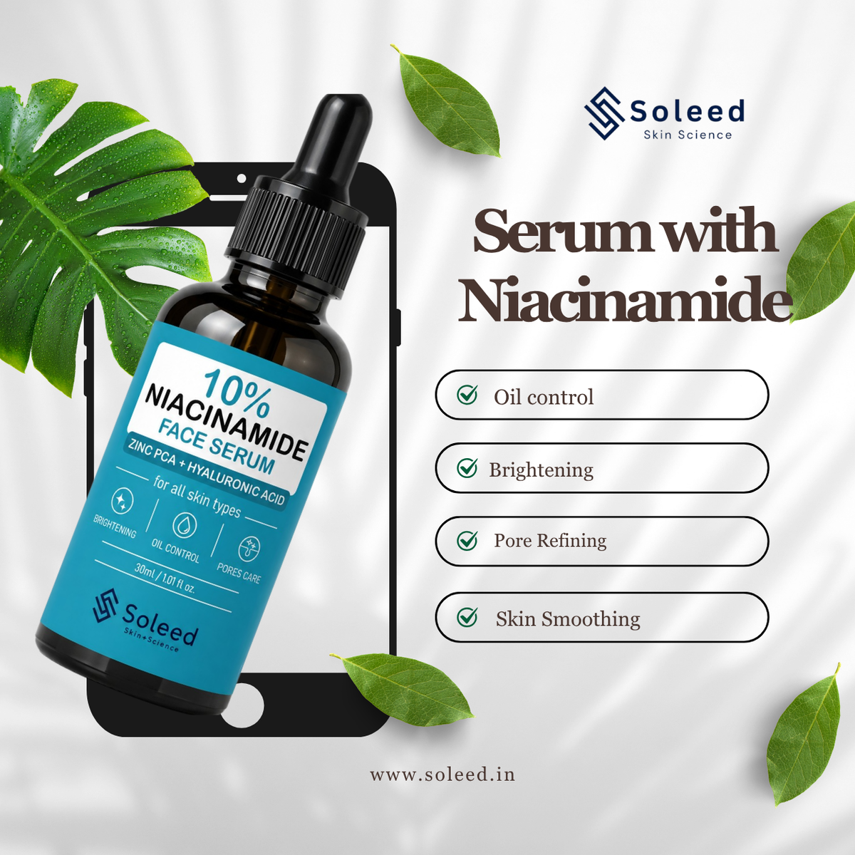 Soleed 10% Niacinamide Face Serum with Zinc PCA & Hyaluronic Acid – Brightening, Oil Control & Pore Care – 30ml