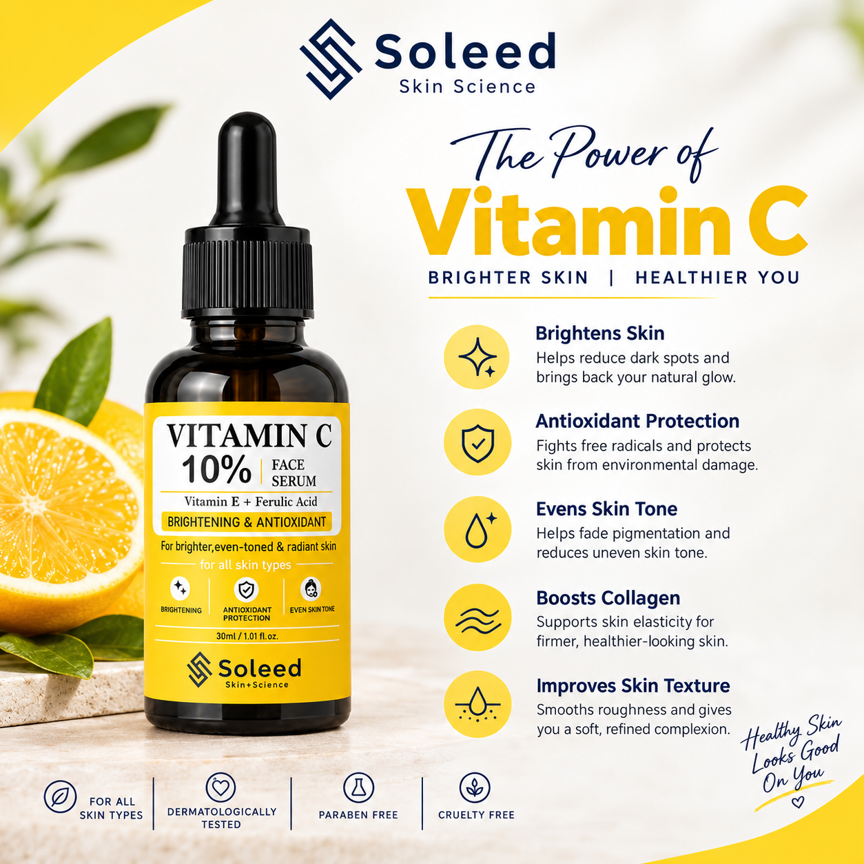 Soleed Vitamin C 10% Face Serum with Vitamin E & Ferulic Acid | Brightening & Antioxidant Serum | 30ml