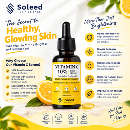 Soleed Vitamin C 10% Face Serum with Vitamin E & Ferulic Acid | Brightening & Antioxidant Serum | 30ml