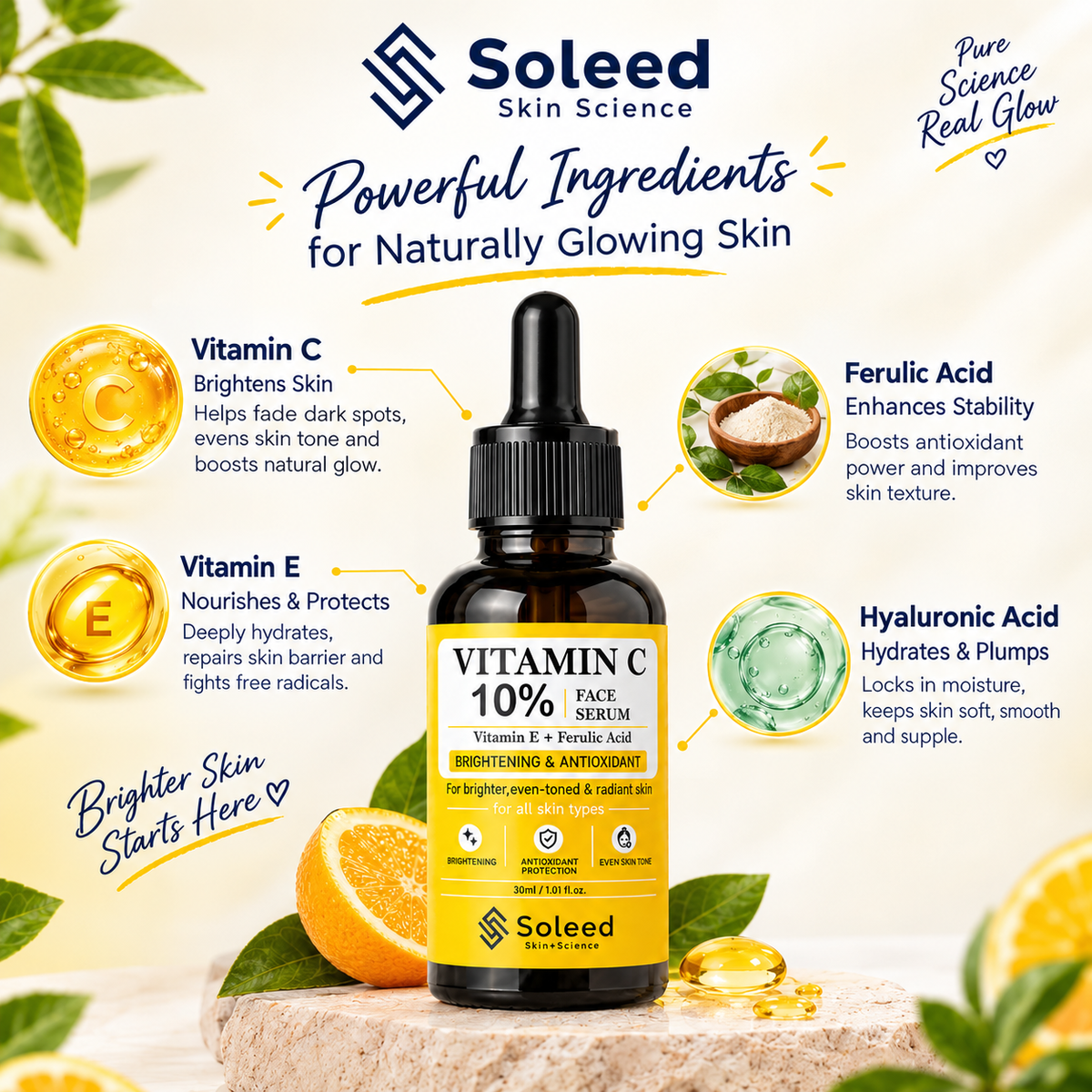 Soleed Vitamin C 10% Face Serum with Vitamin E & Ferulic Acid | Brightening & Antioxidant Serum | 30ml