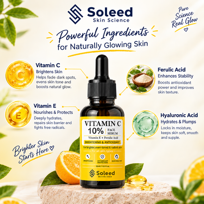 Soleed Vitamin C 10% Face Serum with Vitamin E & Ferulic Acid | Brightening & Antioxidant Serum | 30ml