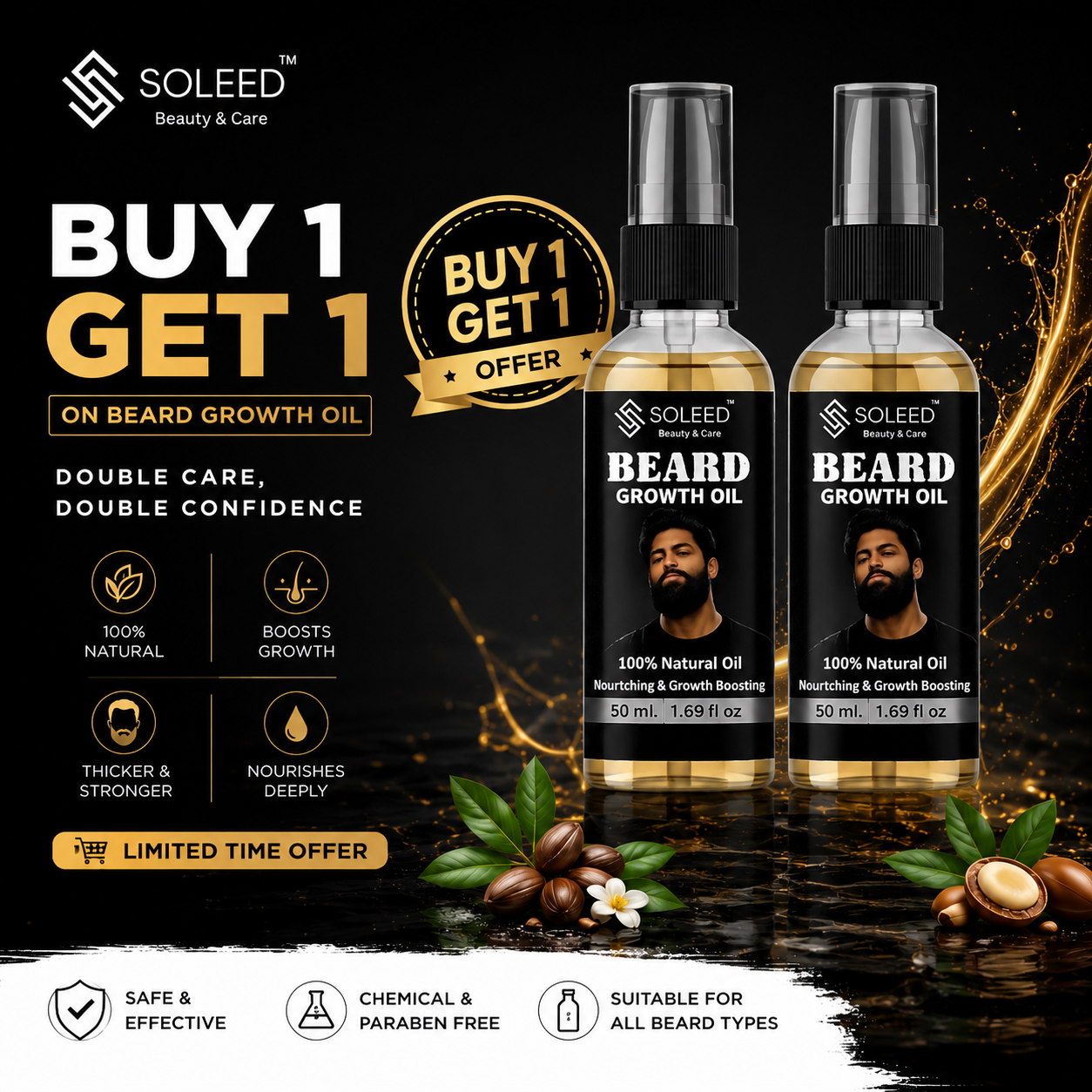 SOLEED Beard Growth Oil (Buy 1 Get 1 Free) | 100% Natural Beard Care Oil | Promotes Fuller, Thicker & Healthier Beard Growth | 50ml x 2